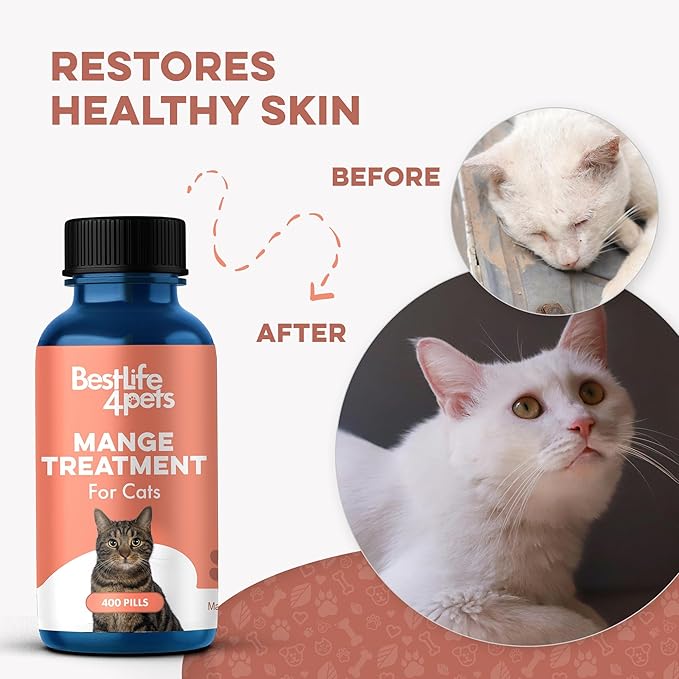 Mange Treatment for Cats, Natural Ear Mite Treatment & Cat Itchy Skin Relief, Helps with Welts, Scabs, Feline Dandruff, Shedding, Excessive Grooming and General Fur and Coat Care, 400 Odorless Pills