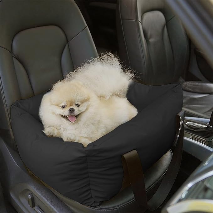 Dog Car Seat for Small Dogs, Large Leather Dog Car Bed with Storage Pocket, Waterproof PVC Leather Booster Seat Travel Bed for Front & Back Seat, Clip-On Safety Leash (Black)