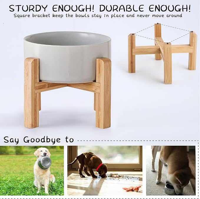 Petygooing Grey Elevated/Raised Ceramic Dog Bowl for Medium and Large Breeds, Dog Food Water Dish with Stand,Pet Feeding Bowl with Anti Slip Rubber Large Dogs(1800ml 7.6 Cups)