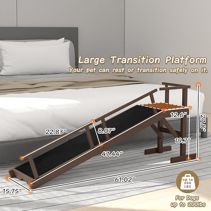 61" Dog Ramp for Bed, Pet Ramp with Removable Side Rail and Non-Slip Surface, Pet Ramp for Small & Large & Senior Dogs with Rest Platform and DIY Glow Strips,Dog Stairs for Couch, Brown