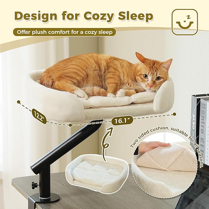 PAWZ Road Cat Desk Bed for Indoor Cats, Cat Bed for Desk Supports Up to 50 lbs, 360° Rotation & Adjustable, Nest Desktop Attachment Cats Hammock for Table, White