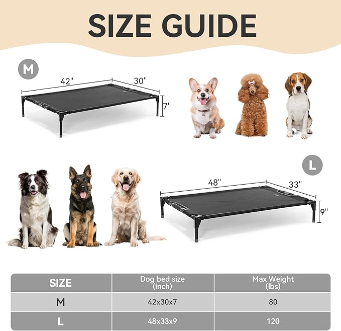 Petsfit Elevated Raised Outdoor Dog Bed - Cooling Elevated Dog Cot, Upgraded Adjustable Firmness Pet Bed，Pet Hammock Bed with Chew Proof Breathable Teslin Mesh，Non Slip, Black 42”