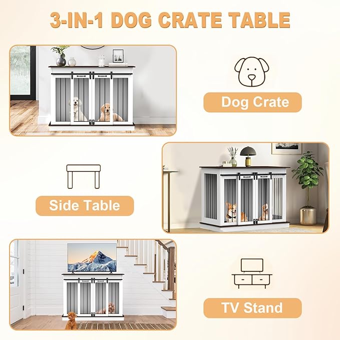 RQZ Double Dog Crate Furniture for 2 Dogs Heavy Duty Wood Dog Cage Table with 2 Sliding Doors and Removable Divider Dog Kennel Indoor for Medium Large Dogs (47" L x 24" W x 35" H)
