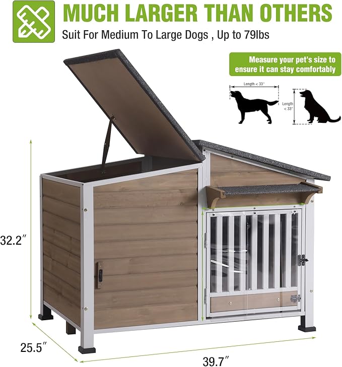 GUTINNEEN Dog House Outdoor Dog Kennel with Chew-Proof Metal Frame, Rotating Food Bowl, PVC Door Curtain, Weatherproof for Small Medium Dogs, 39.7" L x 25.5" D x 32.2" H (Light Brown)