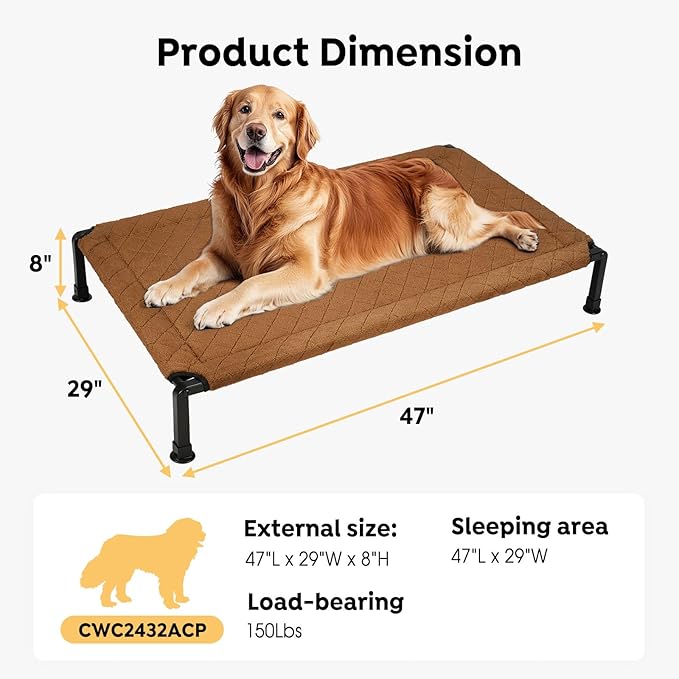 Veehoo Soft Plush Elevated Dog Bed, Raised Dog Beds with Heavy Duty Frame, Non-Slip Silicon Feet, Washable & Breathable Pet Cot for Indoor or Outdoor Use, 47" x 29", Brown, CWC2432A