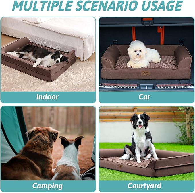 Orthopedic Dog Bed for Large Dog, Pet Couch for Medium Dog Cat, Big Supportive Foam Bolster Sofa with Waterproof Lining Cover, Anti-Slip, Comfort, Washable, 36x27x7.5 in, U Shape, Brown