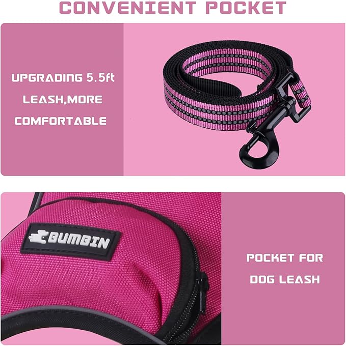 BUMBIN Dog Harness for Large Dogs, No Pull Adjustable No Choke Pet Vest with Dog Leash Fit Smart Reflective Pet Walking Harness for Training Easy Control Soft Handle Rose Red S