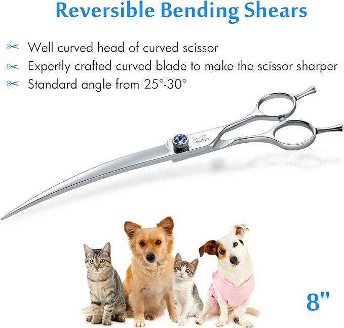 JASON 8" Curved Dog Grooming Scissors Ergonomic Pets Cats Trimming Shears with Offset Handle and a Jewelled Screw for Right Handed Groomers Long Sharp Comfortable