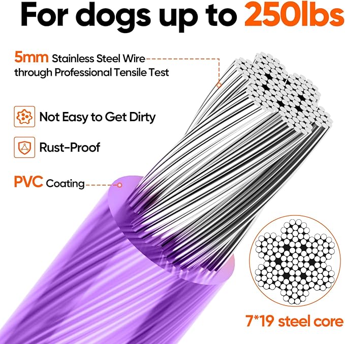 Tresbro 80FT Reflective Tie Out Cable for Dogs Up to 250 Pounds, Steel Wire Lead Leash Cable with Stainless Rotatable Buckle, Lightweight and Enduring, Dog Chains Outside for Outdoor, Yard, Purple