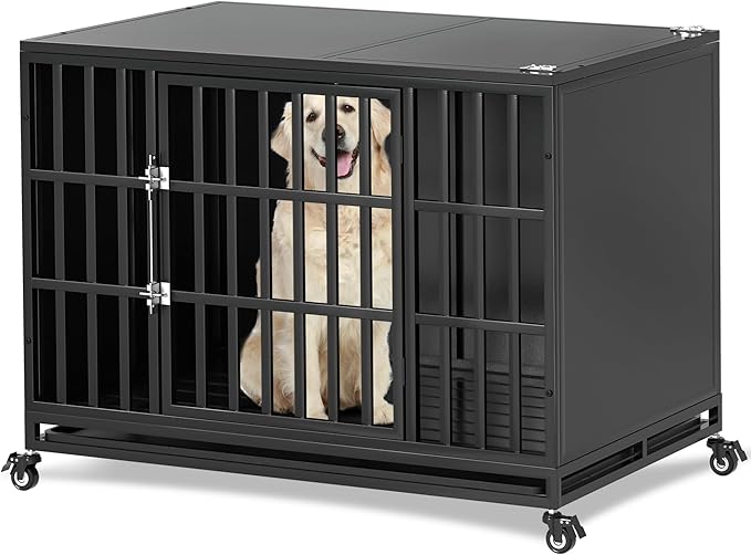 42 inch Heavy Duty Dog Crate with Self-Locking Latch, Indestructible Steel Large Kennel with Enclosed Design, Chew-Proof and Escape-Proof Pet Cage for High Anxiety Dogs