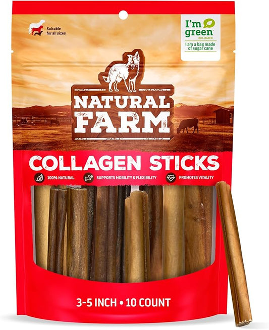 Natural Farm Collagen Dog Chews (3-5”, 10 Units), Odor-Free Long Lasting Bully Sticks & Rawhide Alternative Dog Treats, 95% Collagen Low Fat, High Protein – Small & Medium Dogs
