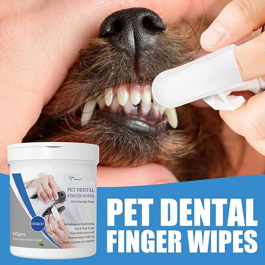 Pet Dental Finger Wipes, Oral Cleansing Teeth Care Finger Cots Wipes Pads for Dogs and Cats, Optimize Oral Health, Reduces Plaque, Freshen Breath - 50 Wipes