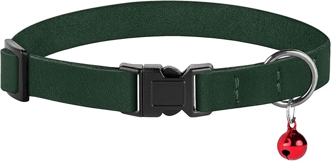 Breakaway Cat Collar Leather with Removable Bell - 13 Colors Available - Soft Adjustable Girl Boy Safety Lightweight Pet Kitten Collars Pink Brown Blue Green Red Orange Black (Emerald)