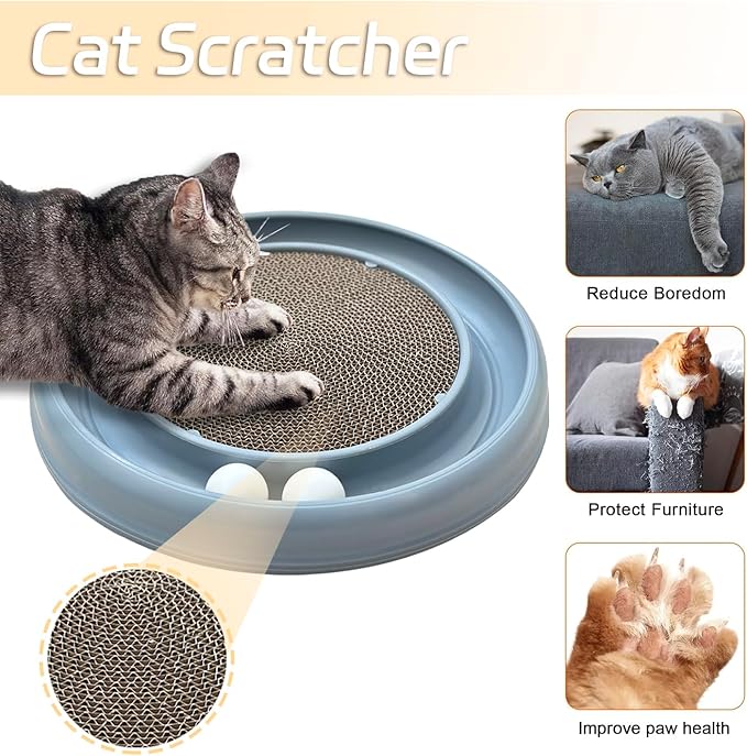Interactive Cat Ball Track Toy for Indoor Cats, Cat Scratching Board & Exercise Set for Bored Indoor Adult and Kitten Mental & Physical Stimulation, with Spare Ball to Prevent Loss (Grey)