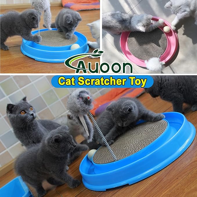 AUOON Cat Scratcher Toy - Cat Scratch Pad with Cat Toy Ball Track and Plush Mouse Toy for Indoor Cats and Kittens (Blue)