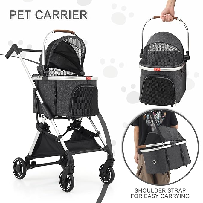 MoNiBloom Pet Stroller for Small/Medium Dogs w/Detachable Carrier & Lightweight Aluminum Frame, Folding Jogging Travel Stroller, Dark Gray