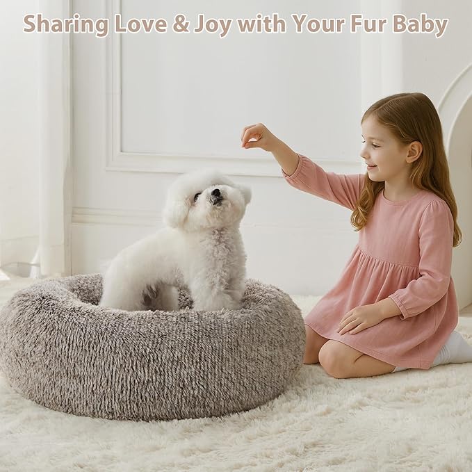 WNPETHOME Calming Dog Bed Cat Bed Donut, Faux Fur Pet Bed Self-Warming Donut Cuddler, Comfortable Round Plush Dog Beds (20 x 20 inch, Light Coffee)