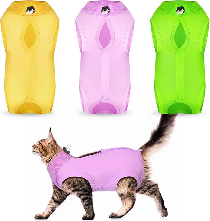 Nuanchu 3 Pieces Cat Recovery Suit Kitten Recovery Suit E-Collar Alternative for Cats and Dogs Abdominal Skin Anti Licking Pajama Clothes Sets(Simple Pattern,Small)