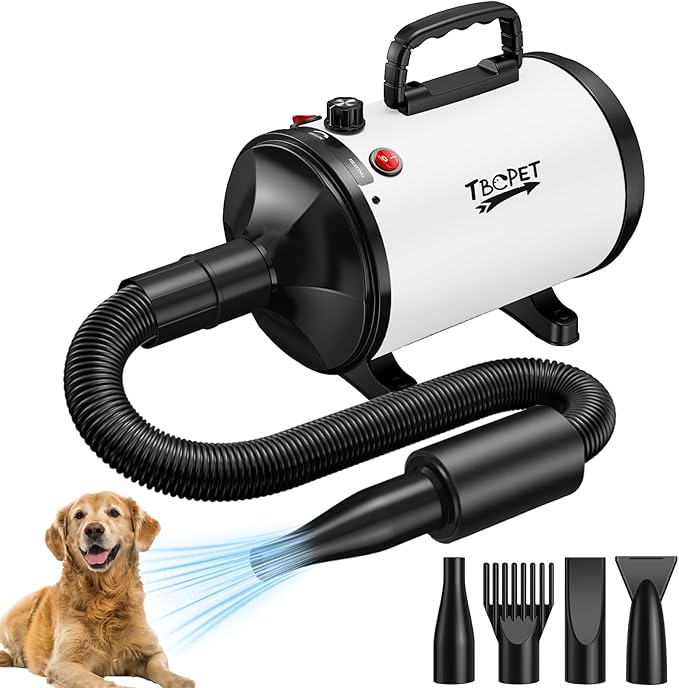 Dog Dryer High Velocity Dog Hair Dryer with 4 Nozzles 5.2HP/3800W (Professional Super Cyclone), Stepless Adjustable Speed Temperature Dogs Grooming Blow Dryer with Heater for Pets Hair Dryer, White
