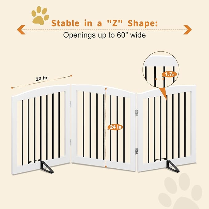 Freestanding Wooden Pet Gate for House, Foldable Indoor Dog Gate for Doorways, Stairs - 24" Height, 3 Panels, White