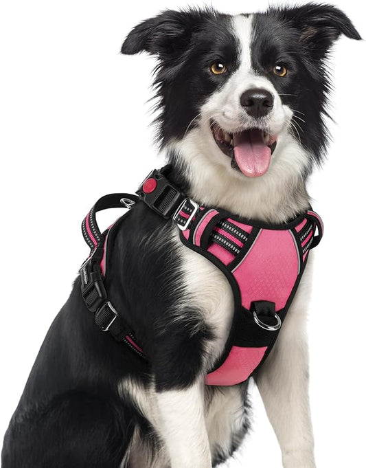 rabbitgoo Dog Harness Medium Sized, No Pull Dog Vest with 3 Buckles, Adjustable Soft Padded Pet Harness with Easy Control Handle and Reflective Strips, Pink, M