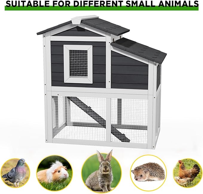 2 Story Rabbit Cage, Weatherproof Rabbit Hutch Indoor & Outdoor, Wooden Guinea Pig Cages with Removable Tray Openable Roof for Small to Medium Animals
