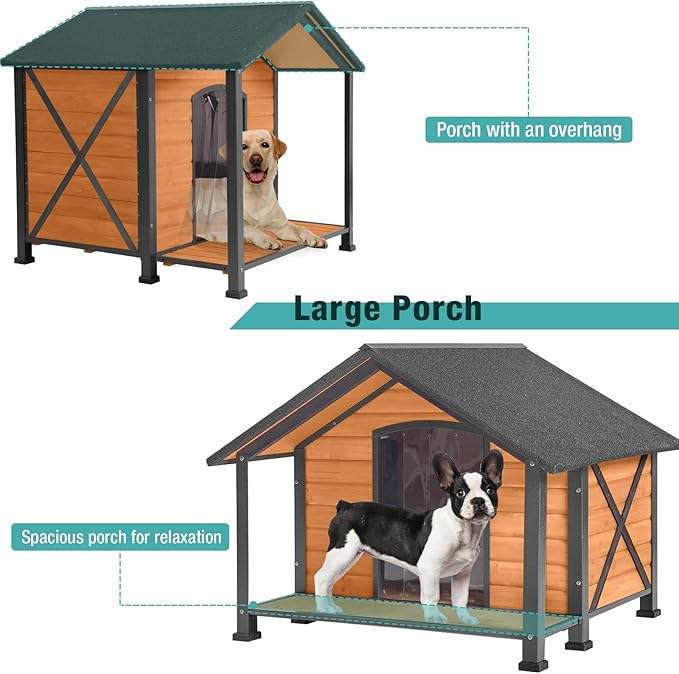 Outdoor Dog House,Weatherproof Wooden Dog Shelter for Small to Medium Sized Dogs,Iron Frame Indoor Outdoor Doghouse,Puppy Kennel,Pets Warm House in Winter with Large Porch