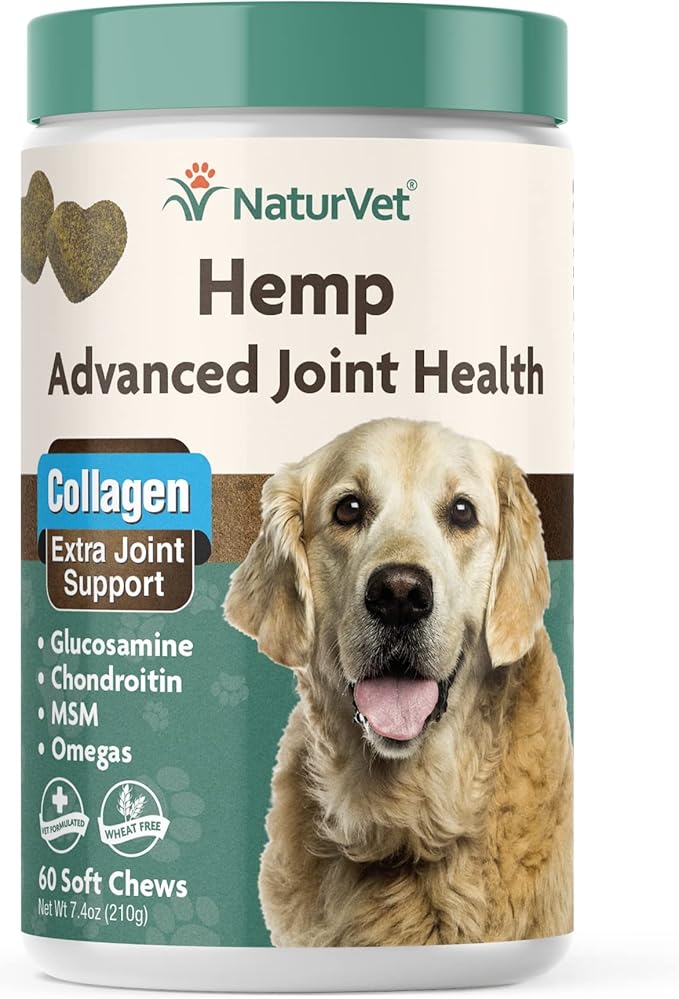 NaturVet Hemp Advanced Joint Health Dog Supplement Plus Hemp Seed – Helps Support Joint Health in Dogs – Includes, Collagen, Glucosamine, MSM, Chondroitin, Omegas – 60 Ct.