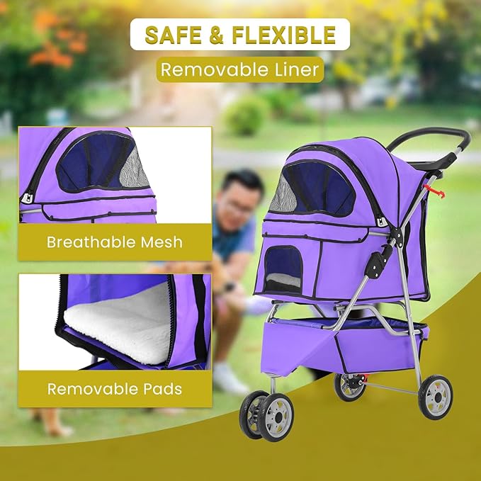 Foldable Pet Stroller,Dog Stroller with 3 Wheel,Pet Strolling Cart,Dog Travel Carrier with Storage Basket and Cup Holder for Dog Puppy,Purple