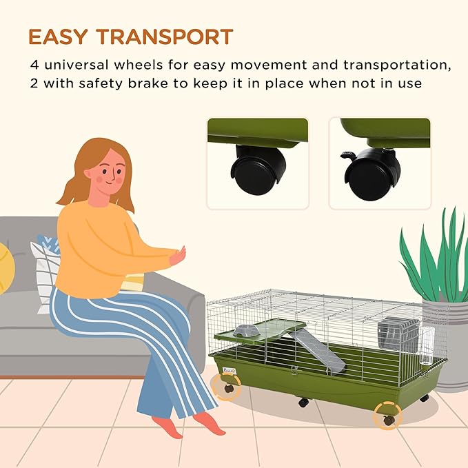 PawHut 47" L Small Animal Cage, Rolling Bunny Cage, Guinea Pig Cage with Food Dish, Water Bottle, Hay Feeder, Platform, Ramp for Chinchilla, Green