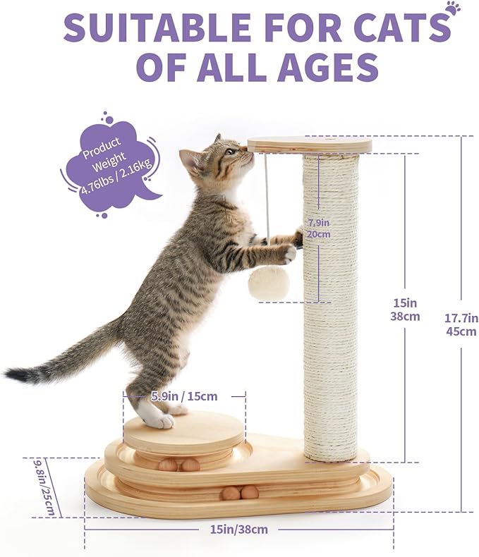 Made4Pets Cat Scratching Post Cat Scratcher Kitten Toys for Indoor Cats Wooden Ball Track Two-Layer Modern Sisal 17.7" Tall Scratch Post Interactive Toy with Dangling Ball