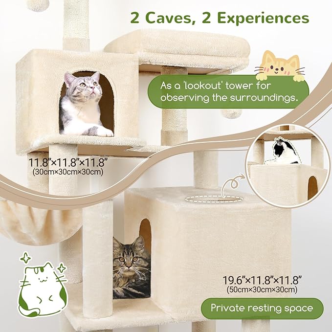 Globlazer Cat Tree Tower, 76-Inch Extra Tall Multi-Level Cat Furniture with Cozy Condos, Hammock and Perches for Adult Cats, Perfect for Climbing, Scratching, and Play, F76, Beige