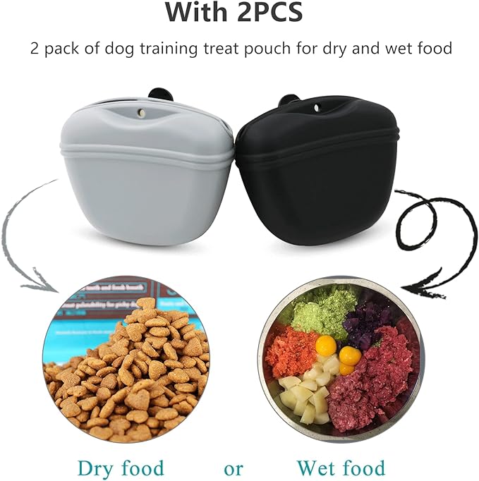 Dog Treat Pouch 2 Pack, Dog Treat Training Pouch, Silicone Pet Treat Bag BPA Free/Clip/Magnetic Dog Walk (Grey & Black)