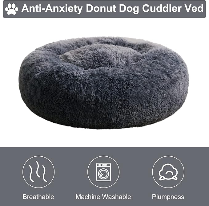 WNPETHOME Calming Dog & Cat Bed, Anti-Anxiety Donut Bed, Fluffy Faux Fur Cushion for Small Dogs and Cats (24 x 24 x 8 Inch, Navy Grey)