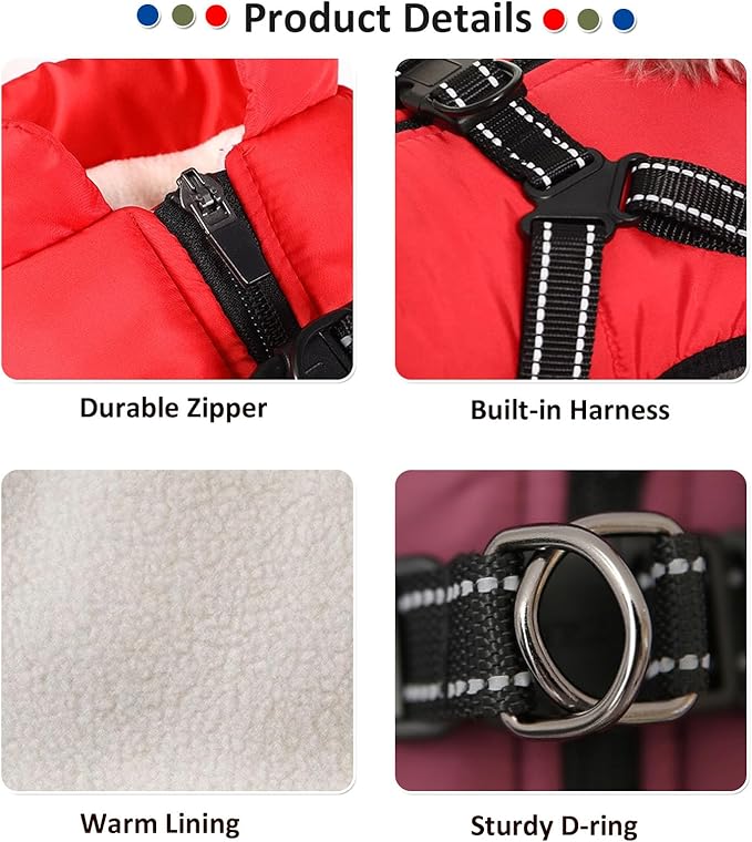 HDKUW Small Dog Jacket, Small Dog Coat Harness Winter Warm Vest Jacket Waterproof Cotton Costume for Puppy Small Dogs (L, Red)