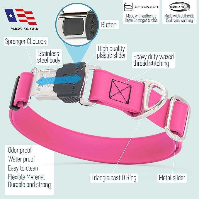 Dogline Biothane Waterproof Dog Collar with Herm Sprenger Black Stainless Steel Quick Release Buckle – Heavy Duty Tactical Durable Collar for Dogs – Comfortable and Safe Pet Collar W 1" L 15-25" Pink