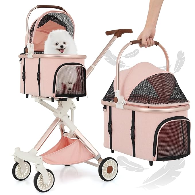 MoNiBloom 3 in 1 Pet Stroller with Adjustable Handle, Jogging Stroller w/Detachable Carrier & Lightweight Aluminum Frame for Dogs Cats, Soft Pink