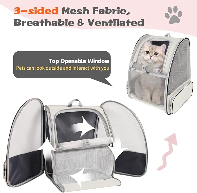 Cat Backpack Carrier,Pet Carrier Airline Approved for Small Dog Cat Puppy Kitten Bunny,Ventilated Mesh Design Animal Backpack for Hiking Camping Travel Bag (Creamy White)