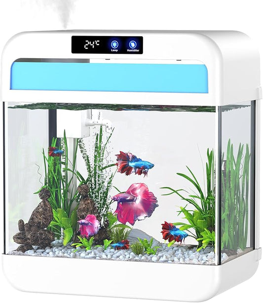 Fish Tank Aquarium 2.2 Gallon with 7 Color Auto-Looping Light, Fish Bowl with Humidifier 3 in 1 Pump - Filteration & Oxygenation & Circulation, Temperature Display, HD Float Glass, Thickened Base