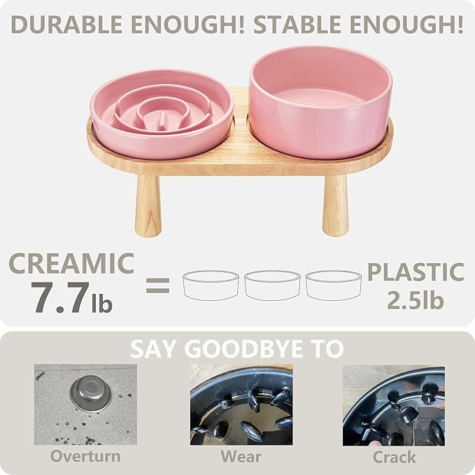 Ceramic Slow Feeder and Water Bowl Set for Medium and Large Dogs, Ceramic Dog Bowls Elevated with Wooden Stand, 2.0 Cups Dog Slow Feeder(30oz) and 70oz Water Bowl Set, Pink