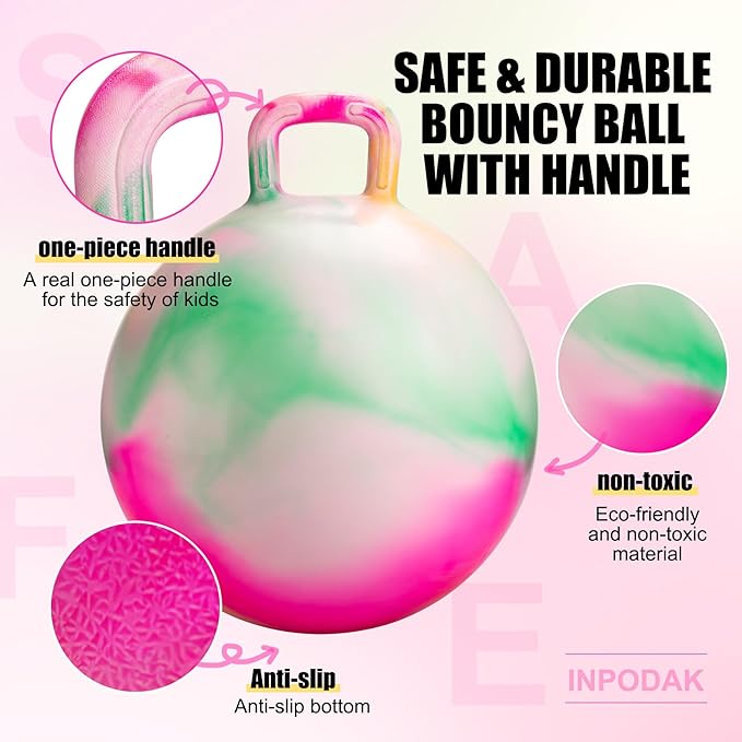 INPODAK Hopper Ball 20 Inch Bouncy Ball with Handle for Kids, Hippity Hop Jumping Bounce Hopping Toy for Boys Girls Ages 5-9 with Pump and Gift Box Great Gift for Birthday Holiday (Pink)
