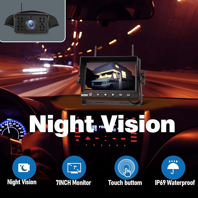 7 Inch RV Backup Camera Wireless, HD 1080P DVR Backup Camera High-Speed Rear View Observation System Stable Signals for RVs, Trucks, Trailers, IP69 Waterproof IR Night Vision