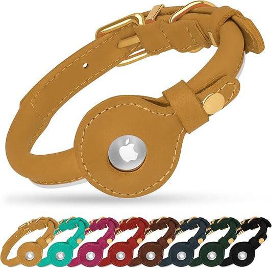 OOPSDOGGY Rolled Leather Dog Collar with Airtag Holder - Reflective Round Airtag Dog Collar - Soft Tracking Pet Collar for Small Dogs Puppy Cats Kitten (Camel, L, 14"-18")
