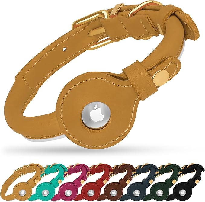 OOPSDOGGY Rolled Leather Dog Collar with Airtag Holder - Reflective Round Airtag Dog Collar - Soft Tracking Pet Collar for Small Dogs Puppy Cats Kitten (Camel, XL, 17"-21")
