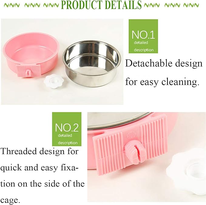 kathson Crate Dog Bowl, Removable Stainless Steel Hanging Pet Cage Bowl Food & Water Feeder Coop Cup for Cat, Puppy, Birds, Rats, Guinea Pigs 2pcs(Green,Pink)