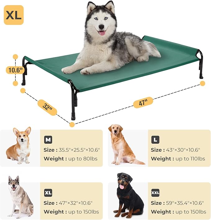Veehoo Elevated Dog Bed, Outdoor Raised Dog Cots Bed for Large Dogs, Cooling Camping Elevated Pet Bed with Slope Headrest for Indoor and Outdoor, Washable Breathable, X-Large, Green, CWC2204