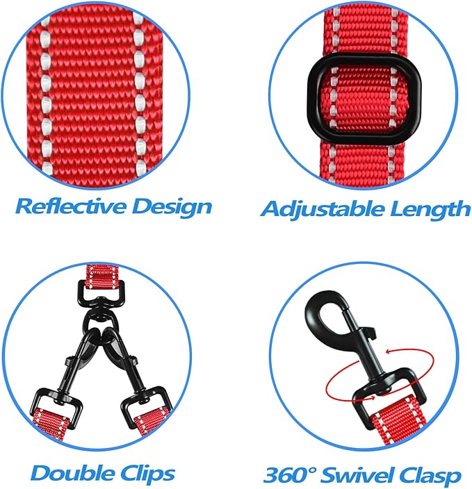 PetBonus Double Dog Leash, No Tangle Dual Leash, Reflective Walking Training Lead, 4 Comfortable Padded Handles for 2 Dogs with Collapsible Bowl and Waste Bags (Red, Large)