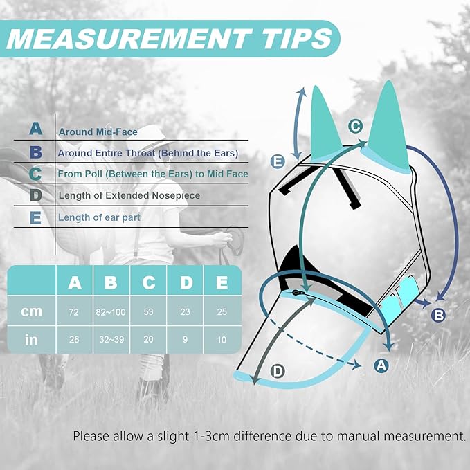 Luminous Horse Fly Mask with Long Nose, Ears, Full Face & Eye Protection - Full Mesh, Detachable Nose Cover, Fleece Padded Edging, Hook-and-Loop Straps with Webbing, Hanging Straps Mint Green