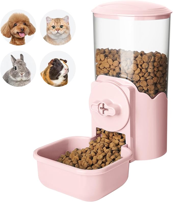 VANNON Small Animal Hanging Automatic Food Dispenser, 35oz Gravity Pet Feeder for Cage, Food Bowl for Rabbit Puppy Cat Ferret Guinea Pig Chinchilla Parrot (Pink)