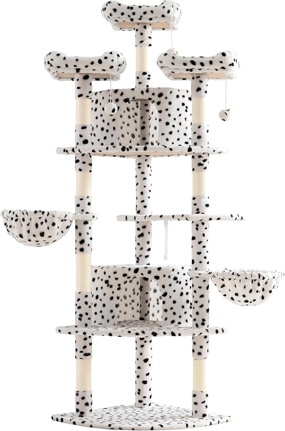 SHA CERLIN 73in Fan-Shaped Corner Cat Tower for Save Space/Multi-Level Tall Tree for Indoor Kitties/Condo with Baskets/Cozy Perches/Sisal Scratching Posts/Pet Activity House/White & Black Spot